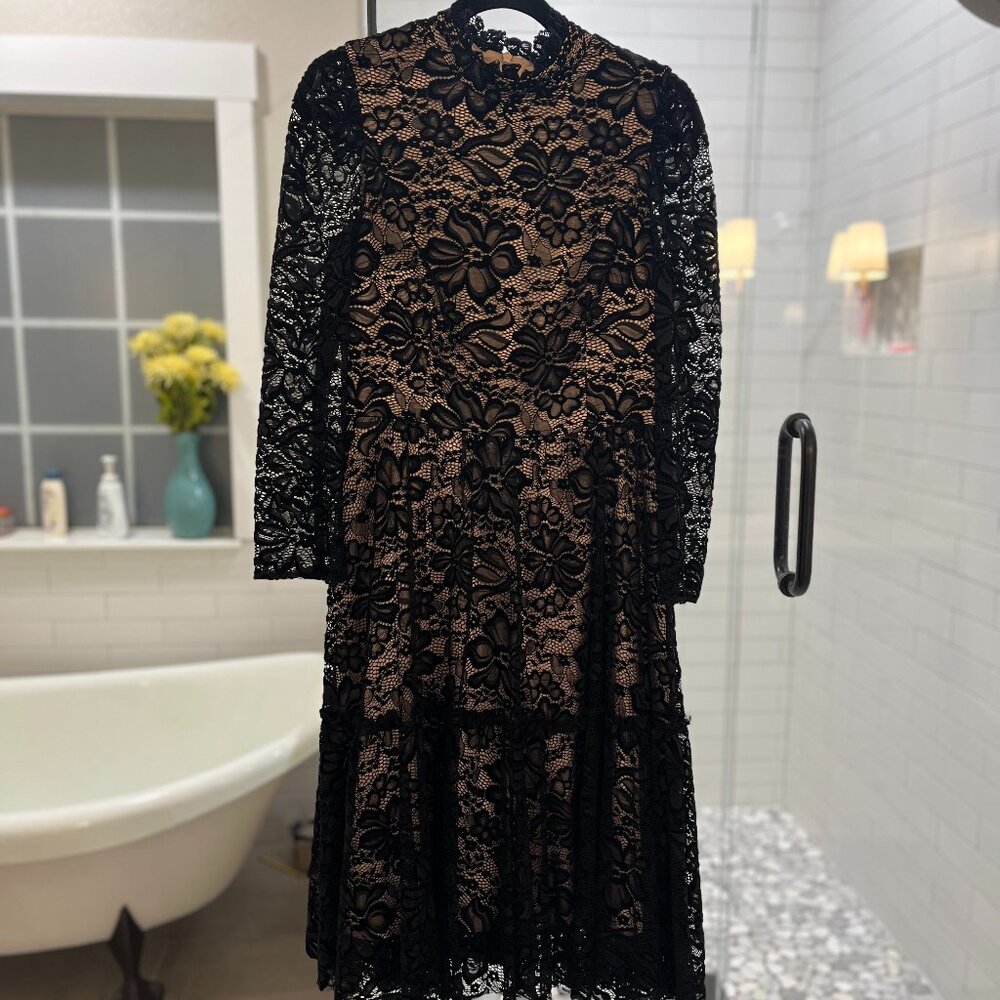 Eliza J Black Lace Overlay Midi Dress w/ Nude Slip Size 10